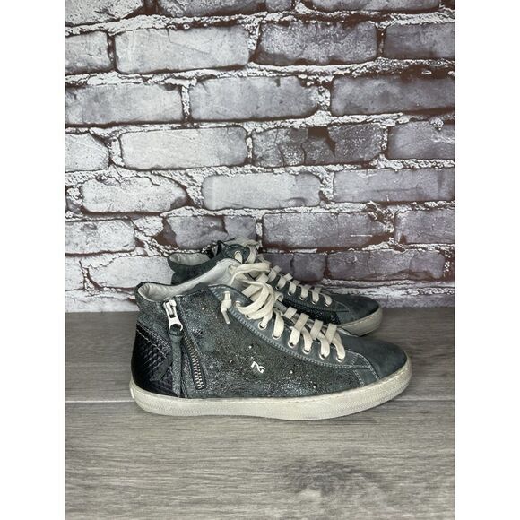 NERO GIARDINI ITALY Blue LEATHER SIDE ZIP Mid Lace Sneakers Women 37EU/6.5M US - Picture 11 of 16